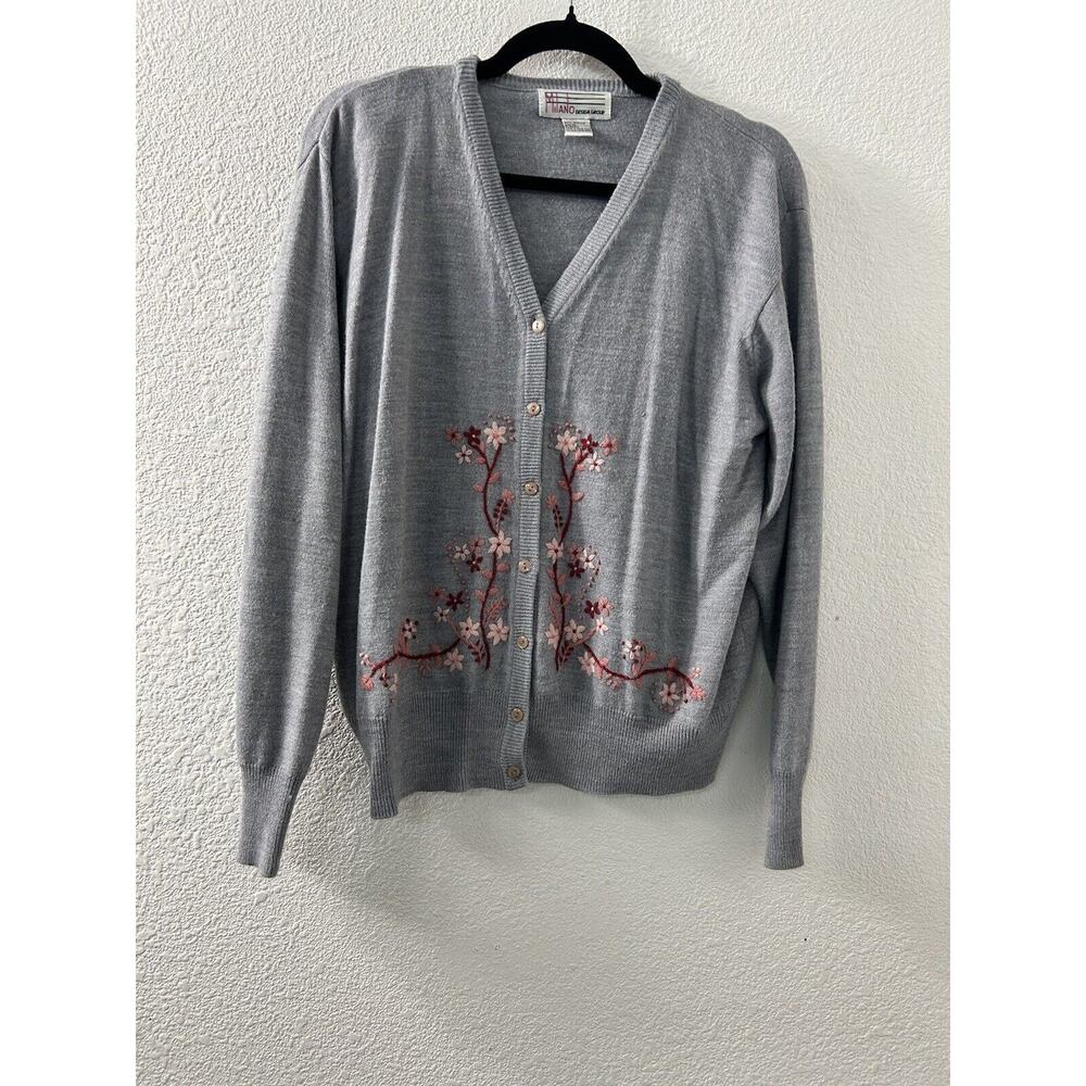 Milano Design Group Womans Size M Grey Cardigan Sweater Floral Embroidered VTG‎